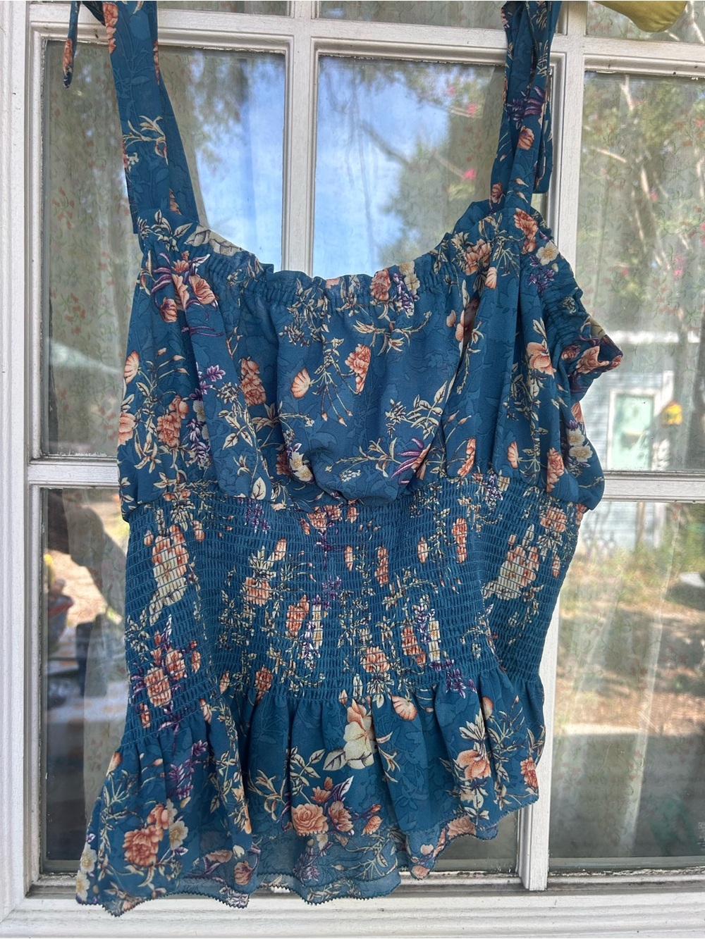 NATURAL LIFE Teal Floral Tie-Strap Smocked Peplum Top - Picture 4 of 5